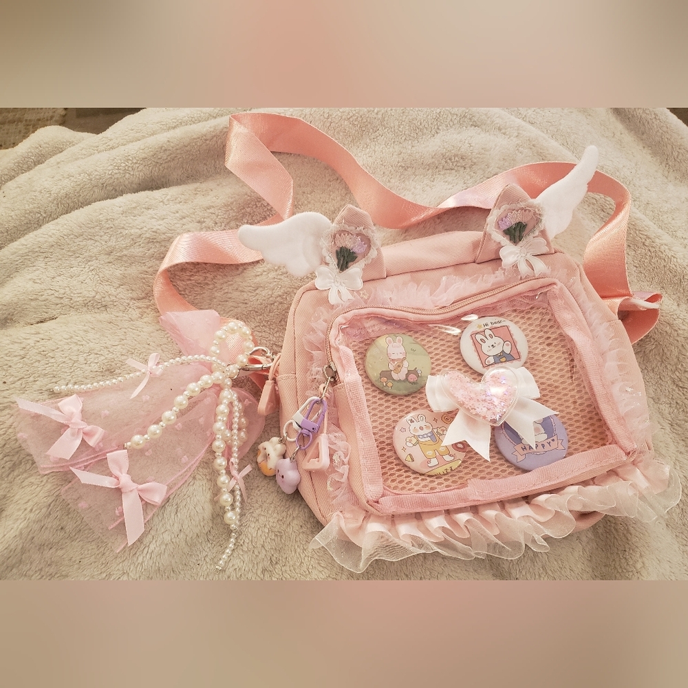 Super Cute Kawaii Pink Crossbody Bag / Purse With Cat Ears & Bows & Keychains